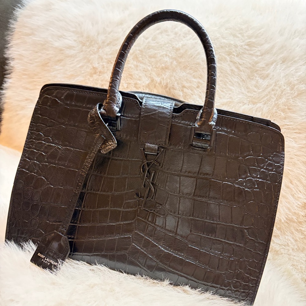 Authentic Saint Laurent Black Croc Embossed Leather Monogram Cabas Tote YSL